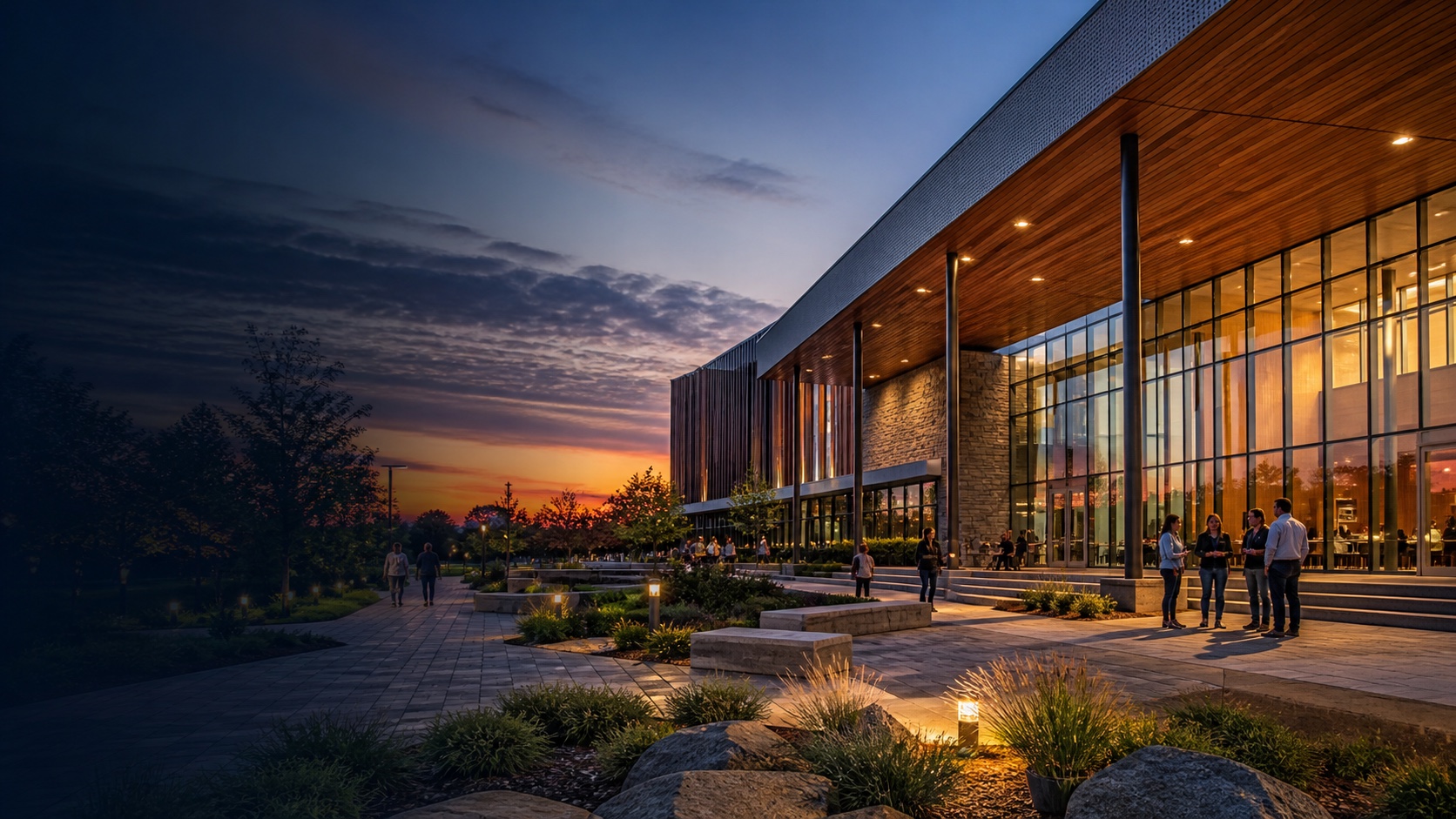 A welcoming civic building and landscaped public plaza at dusk