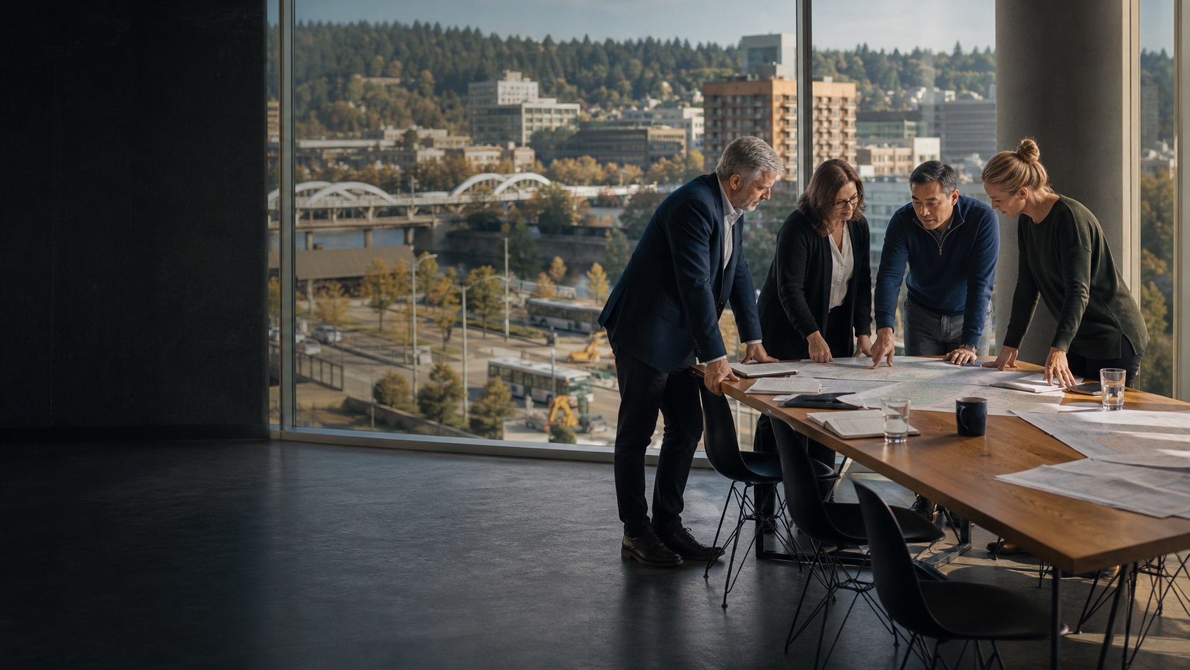 Municipal leaders reviewing city plans with public infrastructure visible beyond